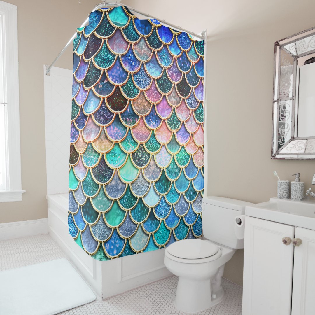 Aqua Pink Mermaid Glitter Scales- Mermaid Scales Shower Curtain | Zazzle