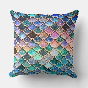 Aqua Pink Mermaid Glitter Scales- Mermaid Scales Throw Pillow