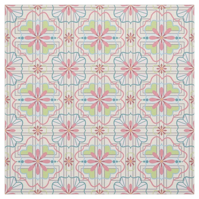 Aqua, Pink, Mint Green Floral Repeat Pattern Fabric (Swatch)