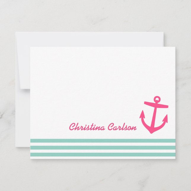 Aqua & Pink Nautical Stripes & Anchor Stationery Note Card (Front)