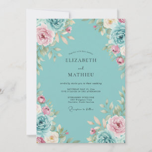 Aqua Pink Peony Wedding Invitation