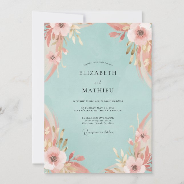 Aqua Pink Petal Wedding Invitation (Front)