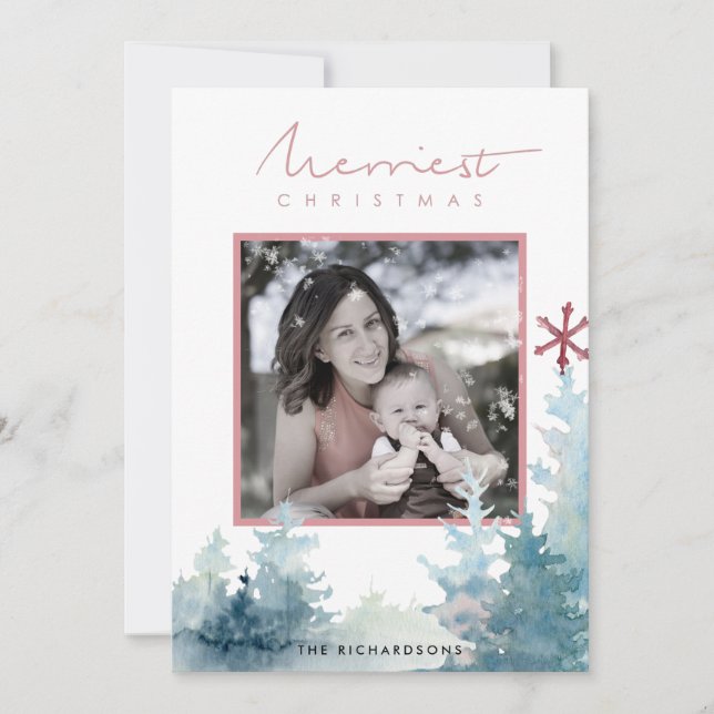 AQUA PINK PINE TREE SNOW OVERLAY PHOTO CHRISTMAS HOLIDAY CARD (Front)