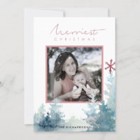 AQUA PINK PINE TREE SNOW OVERLAY PHOTO CHRISTMAS HOLIDAY CARD