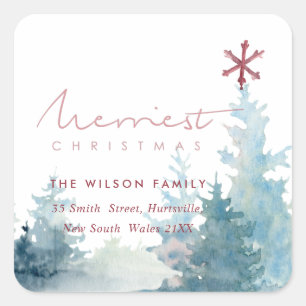 AQUA PINK SNOWY FOREST STAR PINE CHRISTMAS ADDRESS SQUARE STICKER