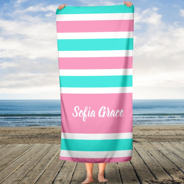 Aqua Pink Stripes Script Name Bath Towel (Creator Uploaded)