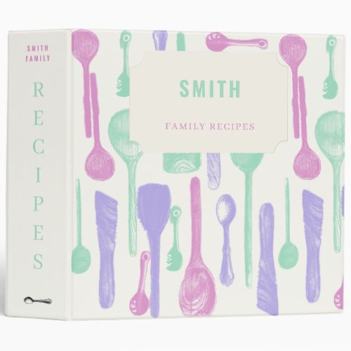 Aqua Pink Vintage Kitchen Utensils Family Recipes 3 Ring Binder