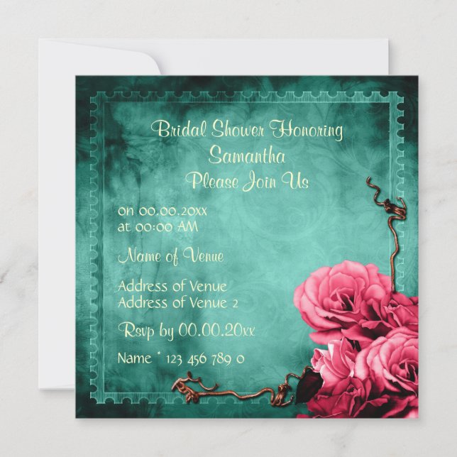 Aqua pink vintage rose bridal invitation (Front)