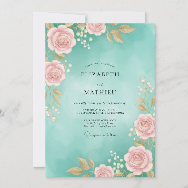Aqua Pink Watercolor Wedding Invitation (Front)