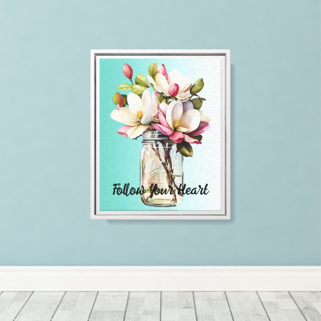 Aqua Pink White Magnolia Flowers Canvas Print (Insitu(Wood Floor))