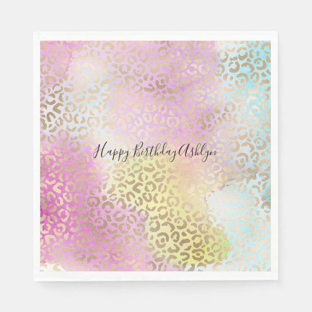 Aqua Pink Yellow Gold Leopard Print Watercolor Napkins (Front)