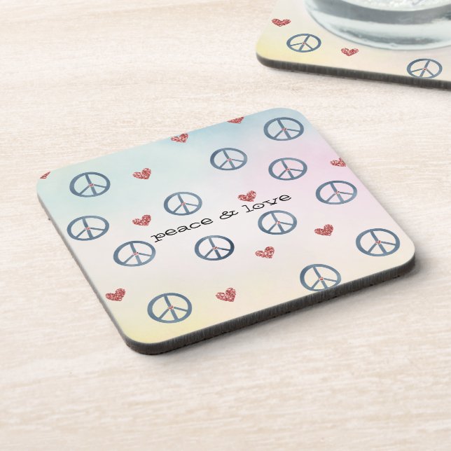 Aqua Pink Yellow Tie Dye Peace Sign with Hearts Beverage Coaster (Left Side)