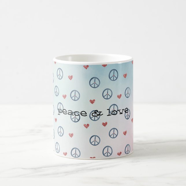 Aqua Pink Yellow Tie Dye Peace Sign with Hearts Coffee Mug (Center)
