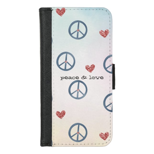 Aqua Pink Yellow Tie Dye Peace Sign with Hearts iPhone Wallet Case (Front)