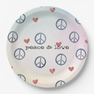 Aqua Pink Yellow Tie Dye Peace Sign with Hearts Paper Plates
