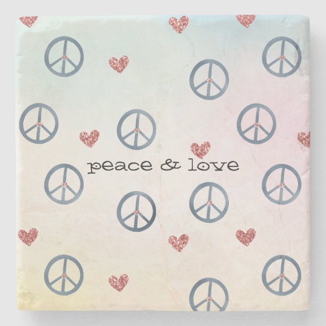 Aqua Pink Yellow Tie Dye Peace Sign with Hearts Stone Coaster (Front)