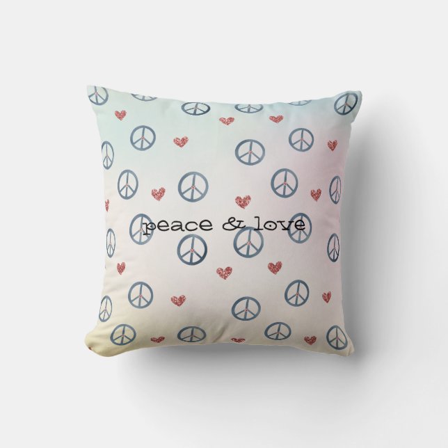 Aqua Pink Yellow Tie Dye Peace Sign with Hearts Throw Pillow (Front)