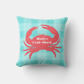 Aqua Plaid and Coral Crab Outdoor Pillow