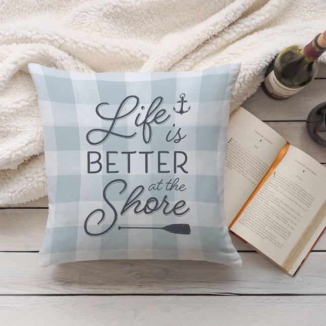 Aqua Plaid Life Is Better At the Shore Throw Pillow (Creator Uploaded)