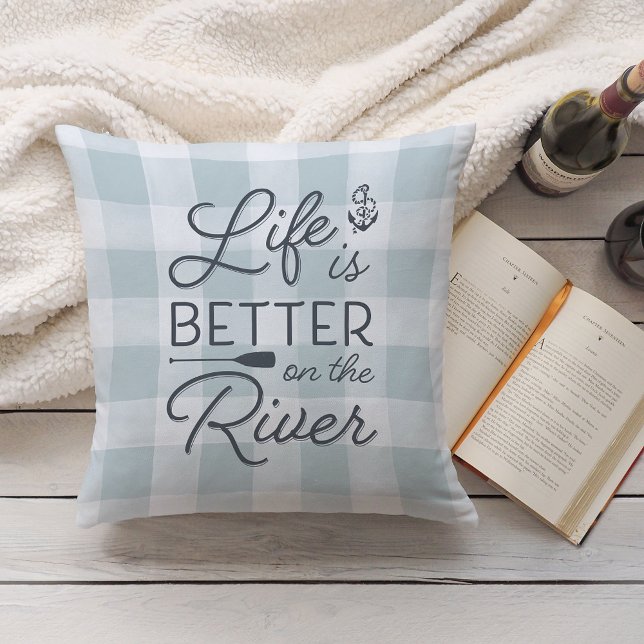 Aqua Plaid Life Is Better On The River Throw Pillow (Creator Uploaded)
