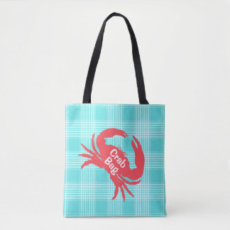 Aqua Plaid with Crab Tote Bag