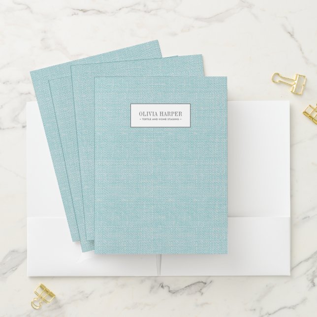 Aqua | Plain Elegant Linen Look Monogram  Pocket Folder (In Situ)