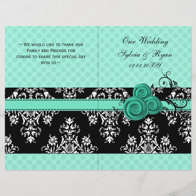 aqua polka dots floral book fold Wedding program (Front)