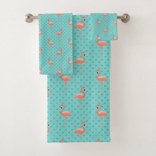 AQUA POLKA DOTS  ORANGE FLAMINGOS BATH TOWEL SET