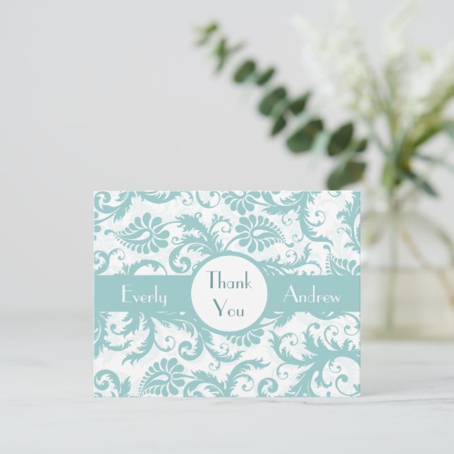 Aqua Pool Blue Damask Swirls Wedding Invitation (Standing Front)