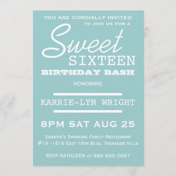 Aqua Poster Style Sweet 16 Party Invitation by PartyHearty at Zazzle