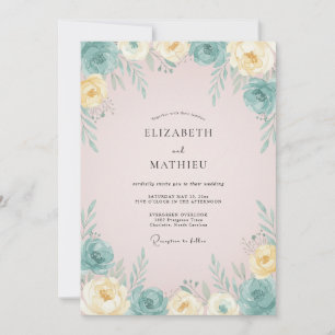 Aqua Powder Pink Peony Wedding Invitation