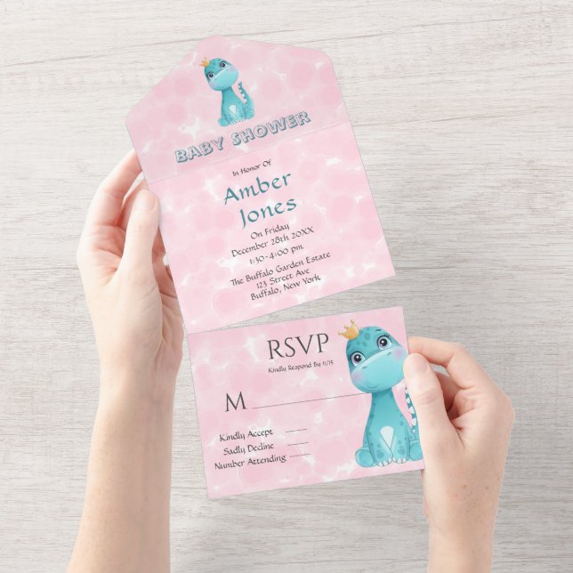 Aqua Princess Cute Dinosaur Pink Peony Baby Shower All In One Invitation (Tearaway)