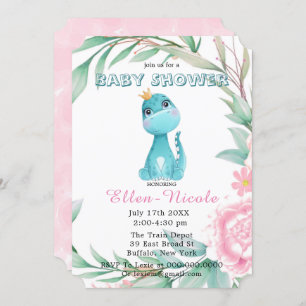 Aqua Princess Dinosaurs Peony Baby Shower Invites