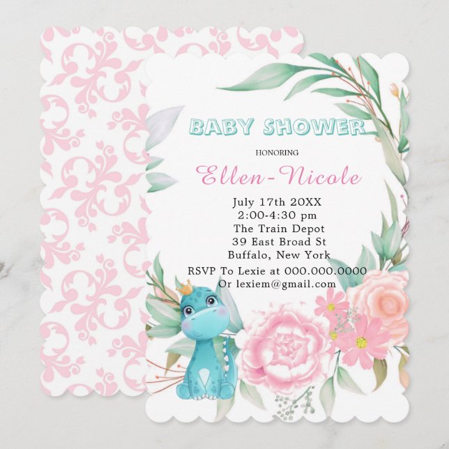 Aqua Princess Dinosaurs Peony Baby Shower Invites (Front/Back)