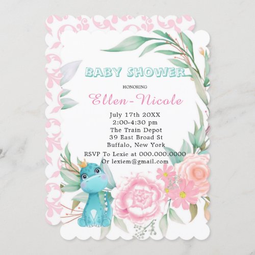 Aqua Princess Dinosaurs Peony Baby Shower Invites