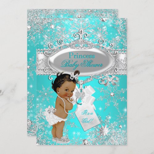 Aqua Princess Winter Wonderland Baby Shower Ethnic Invitation