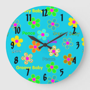 Aqua Psychedelic 60s Groovy Flowers Pattern Large Clock
