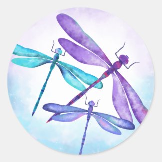 Aqua, Purple, Blue Dragonflies Party Favor Sticker