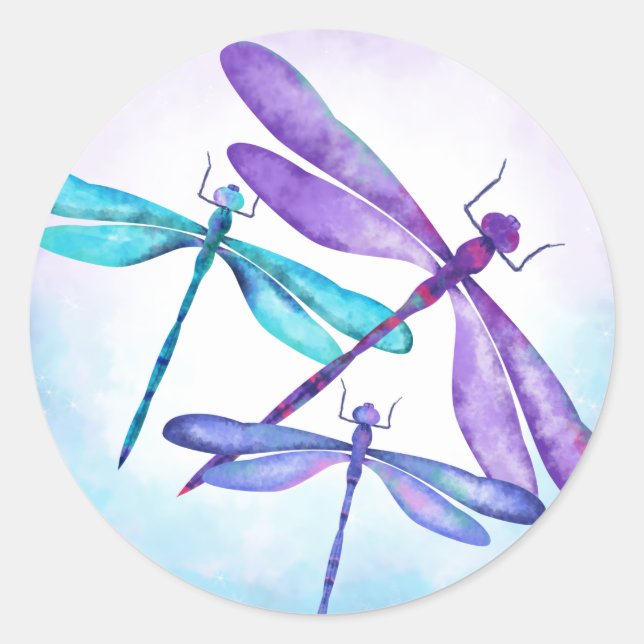 Aqua, Purple, Blue Dragonflies Party Favor Sticker (Front)