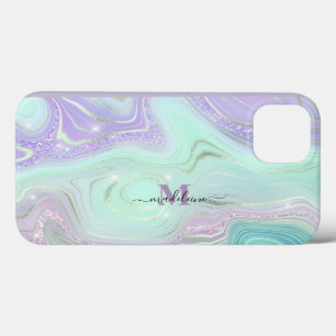 Aqua Purple Crystal Marble Iridescent Agate iPhone 13 Case