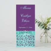 Aqua, Purple Floral, Hearts Menu Card (Standing Front)
