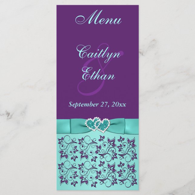 Aqua, Purple Floral, Hearts Menu Card (Front)