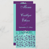 Aqua, Purple Floral, Hearts Menu Card (Front/Back)