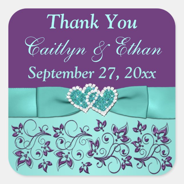 Aqua, Purple Floral, Hearts Wedding Favor Sticker (Front)