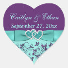 Aqua, Purple Floral, Hearts Wedding Favor Sticker