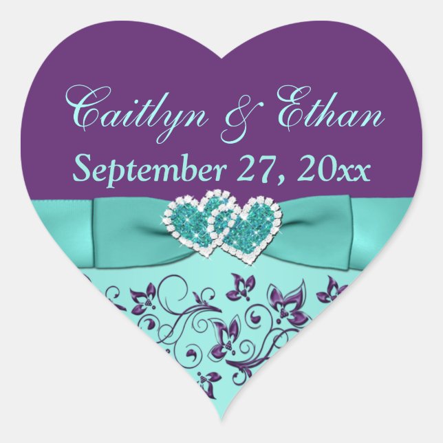 Aqua, Purple Floral, Hearts Wedding Favor Sticker (Front)