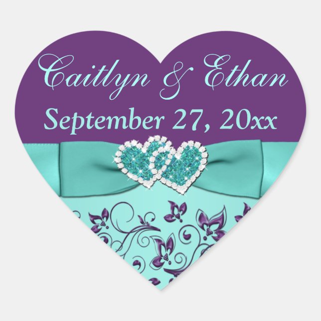 Aqua, Purple Floral, Hearts Wedding Favor Sticker (Front)
