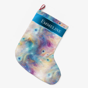 Aqua Purple Floral Peacock Feathers Christmas Large Christmas Stocking