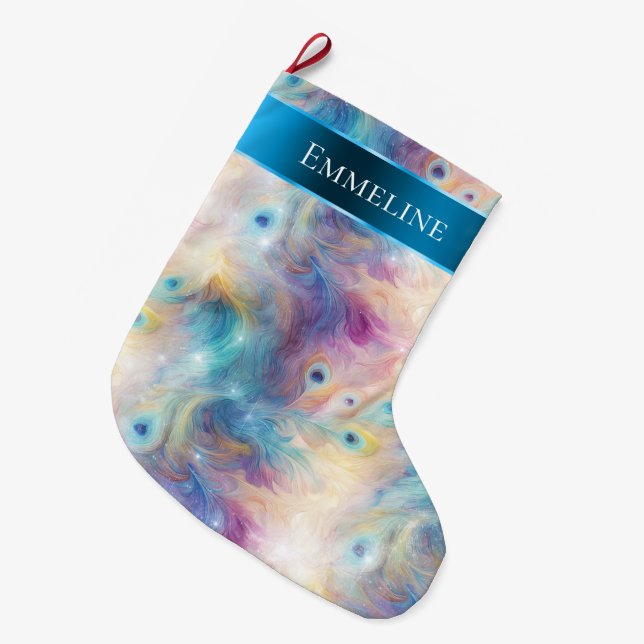 Aqua Purple Floral Peacock Feathers Christmas Large Christmas Stocking (Front (Hanging))