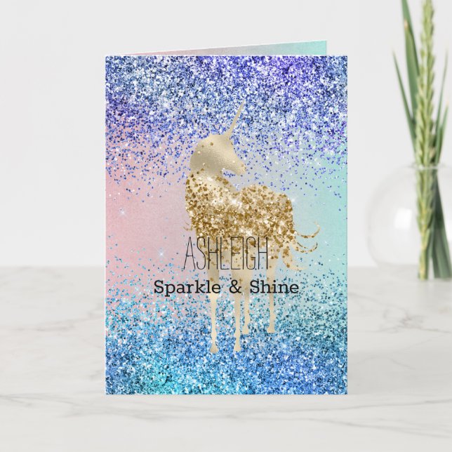 Aqua Purple Glitter Sparkle Gold Unicorn Card (Front)